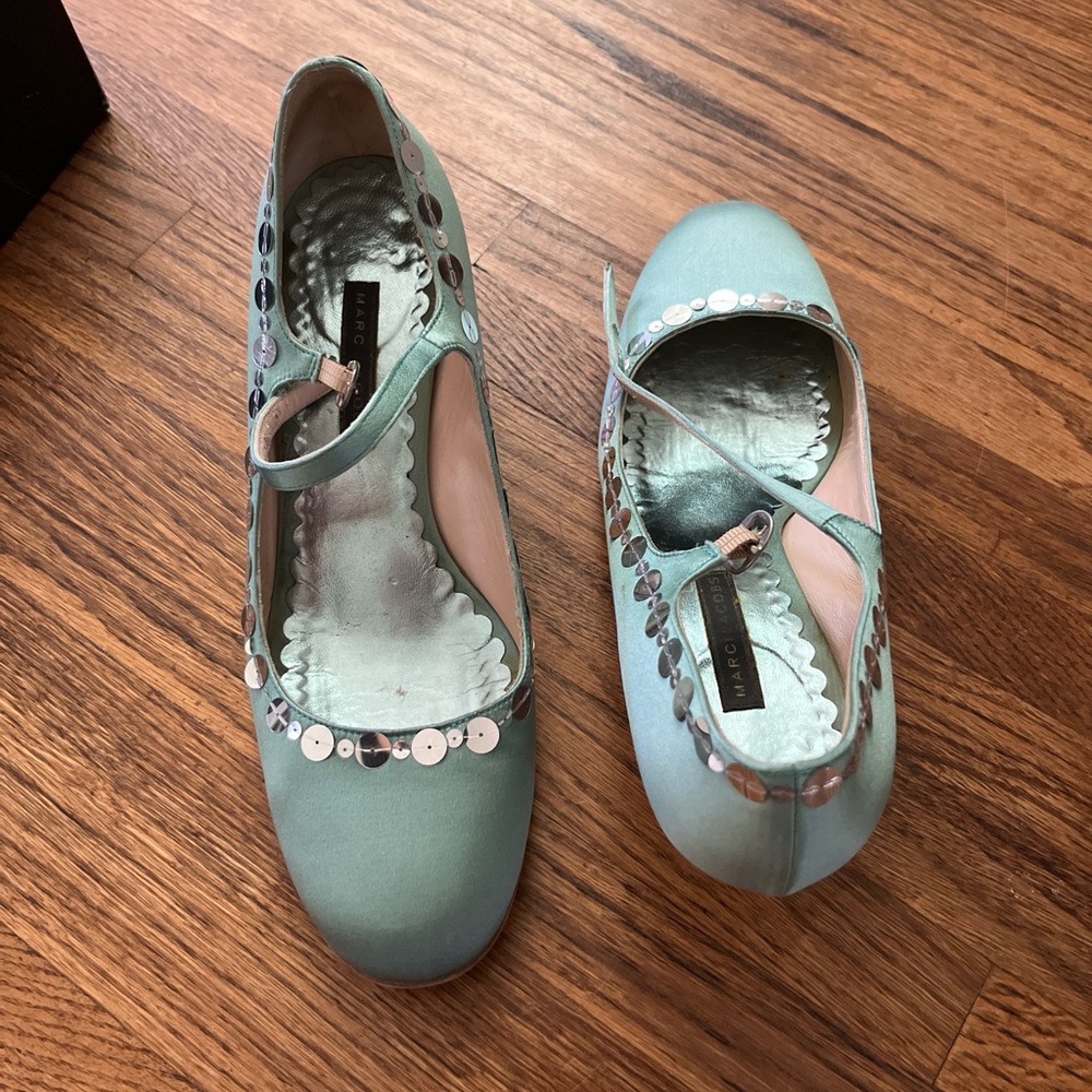 Marc Jacobs Satin Mint w/ Silver Sparkles Mary Jane Janes Pumps Heels - Picture 5 of 8